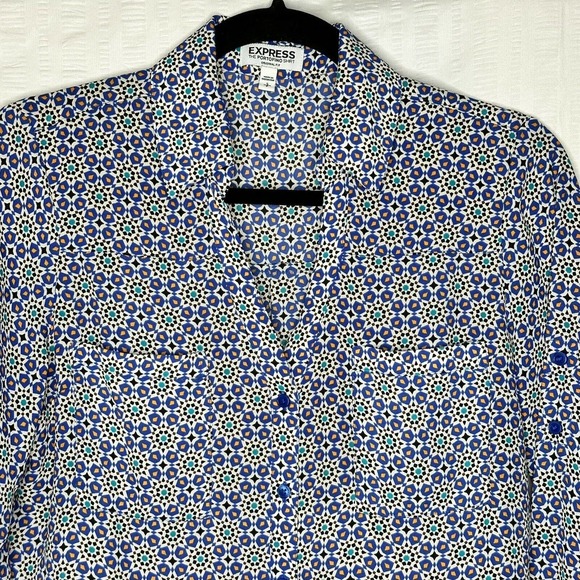 Express Portofino Shirt Womens Small Blue Floral Original Fit Roll Tab Button Up - Picture 2 of 11